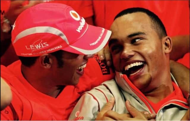 Nic and Lewis Hamilton celebrate in 2008