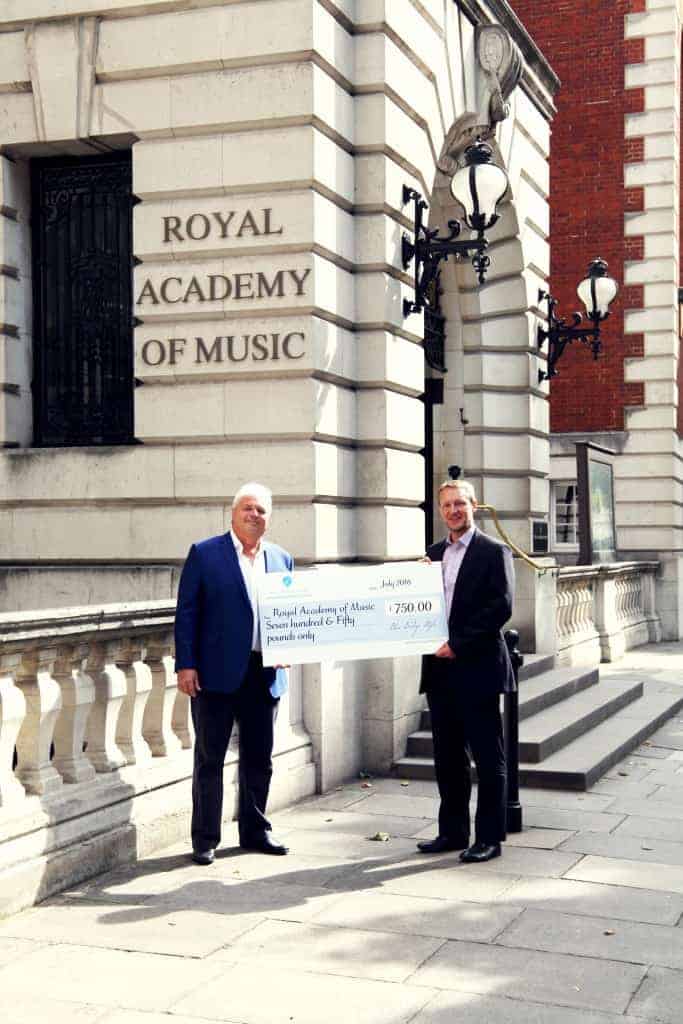 Paul Mounsey, Dir. of BBS Presents V. Large Cheque to Robert Carter at The RAM. BBS MIX Concert 2016, Again produced a Bursary for Musicians With Disabilities.