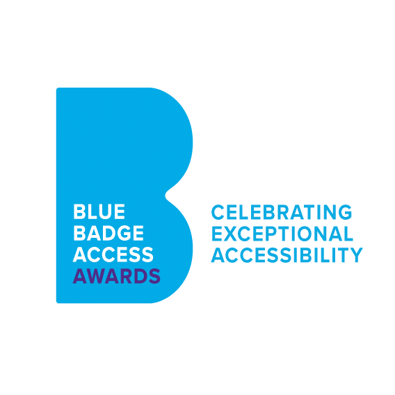 Large blue B on white background with blue badge access awards printed in white and purple within the blue b