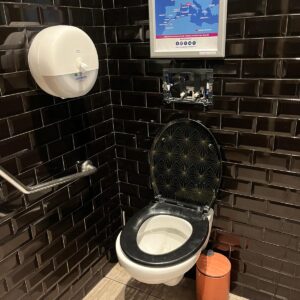black toilet seat against black tiled wall